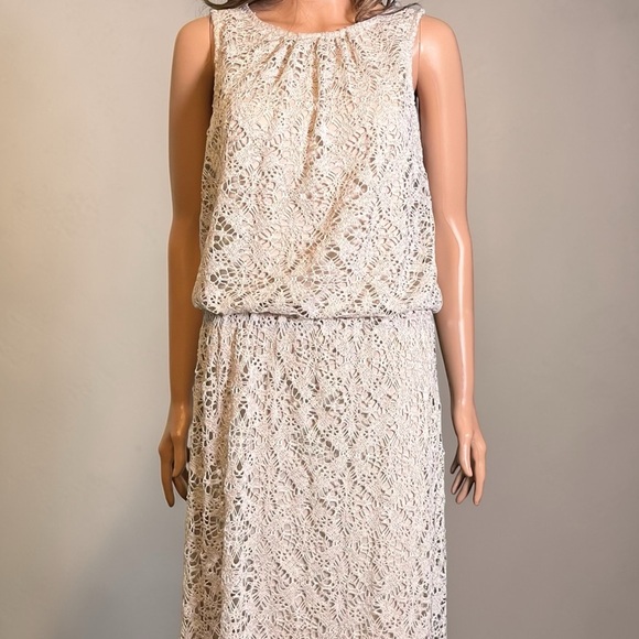 London Times Crochet Maxi Dress Size 10 Beige Boho Lined - Picture 3 of 8